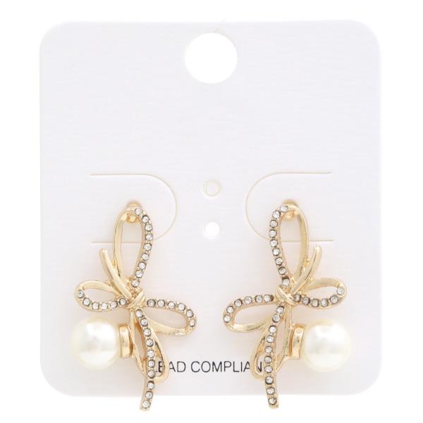 DOUBLE RIBOON BOW PEARL BEAD METAL EARRING