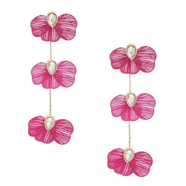 TRIPLE FLOWER TEARDROP CRYSTAL DANGLE EARRING