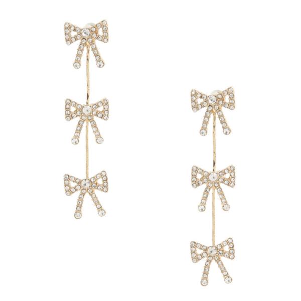 TRIPLE RIBBON BOW METAL RHINESTONE EARRING