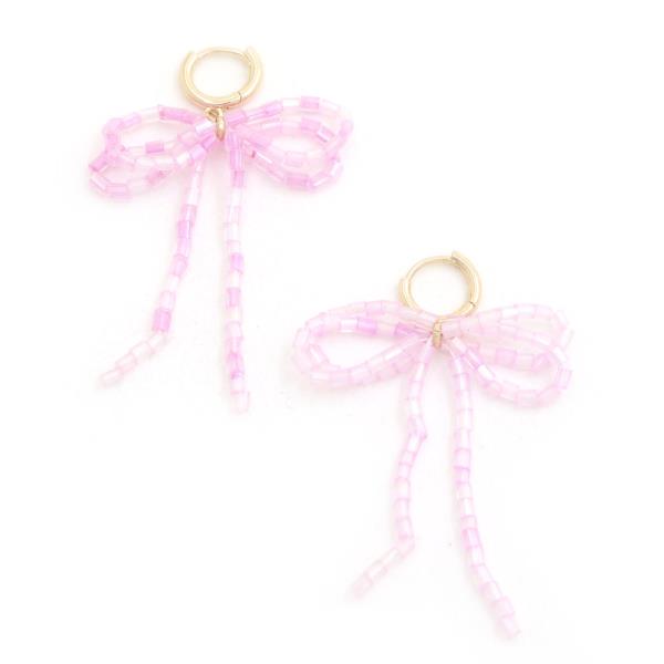 BEADED RIBBON BOW DANGLE HUGGIE EARRING