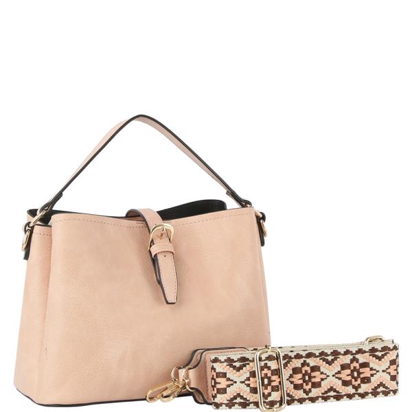 SMOOTH BUCKLE DESIGN HANDLE SHOULDER CROSSBODY BAG W GUITAR STRAP