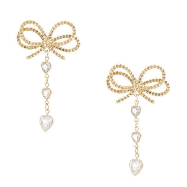 METAL RIBBON BOW TRIPLE HEART DANGLE EARRING
