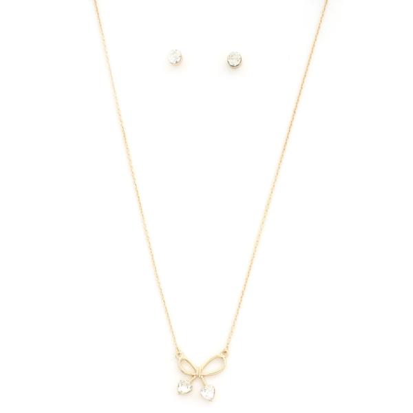 HEART CRYSTAL RIBBON BOW CHARM NECKLACE ROUND CRYSTAL STUD EARRING SET