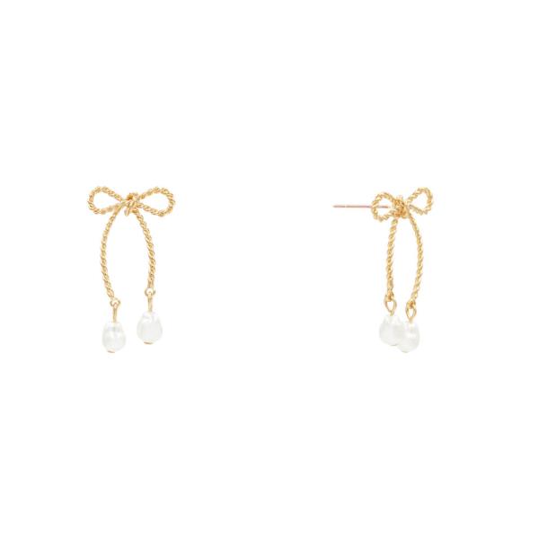 METAL ROPE RIBBON BOW WITH PEARL TIP EARRING