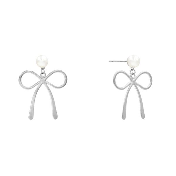 PEARL BEAD METAL RIBBON BOW EARRING