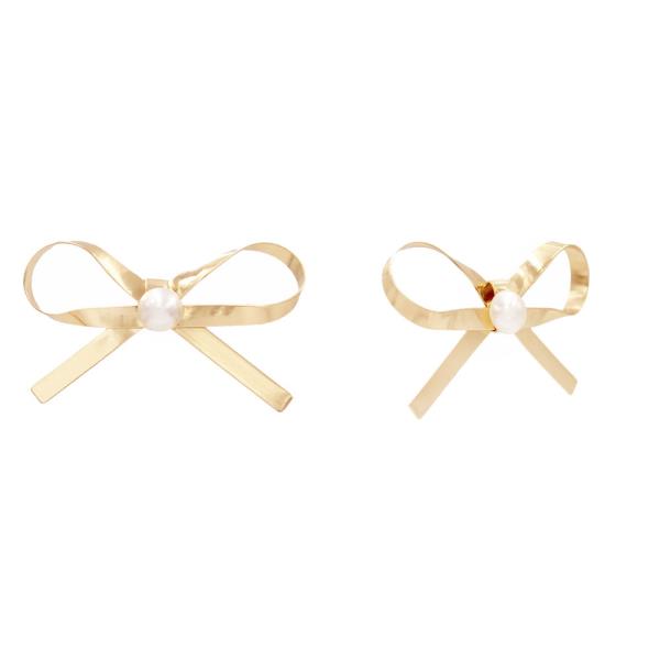 METAL RIBBON BOW PEARL BEAD EARRING