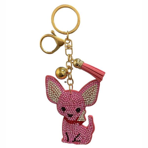 RHINESTONE PINK DOG KEYCHAIN WITH TASSEL