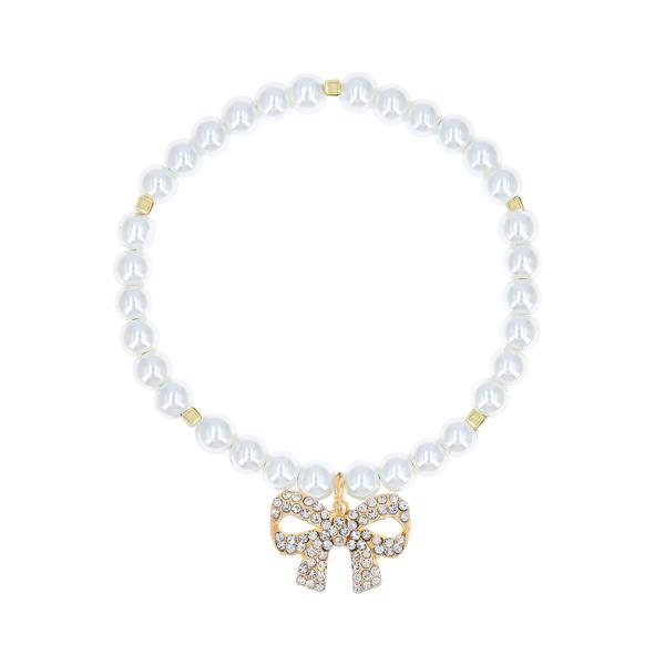 RIBBON BOW CHARM PEARL STRETCH BRACELET