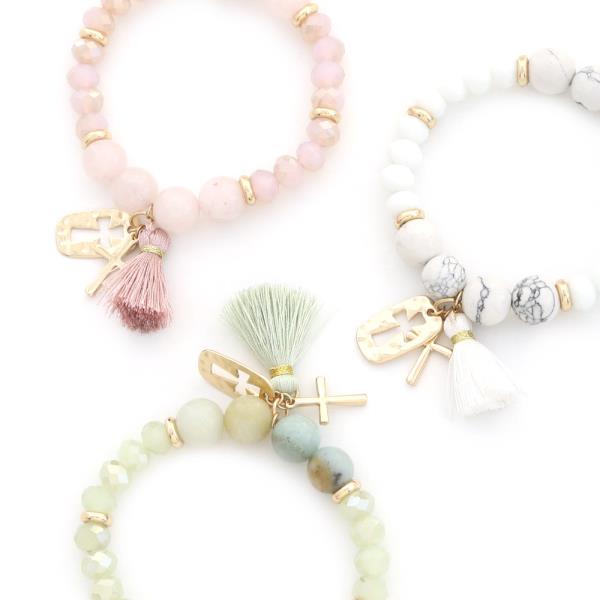 CROSS CHARM BEADED TASSEL BRACELET