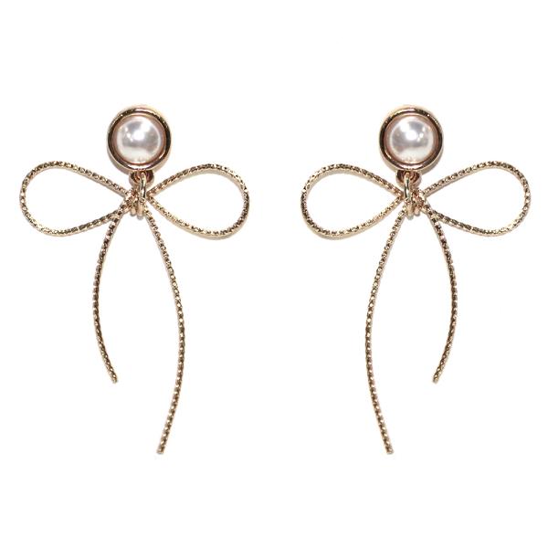ROUND PEARL METAL RIBBON BOW DANGLE EARRING
