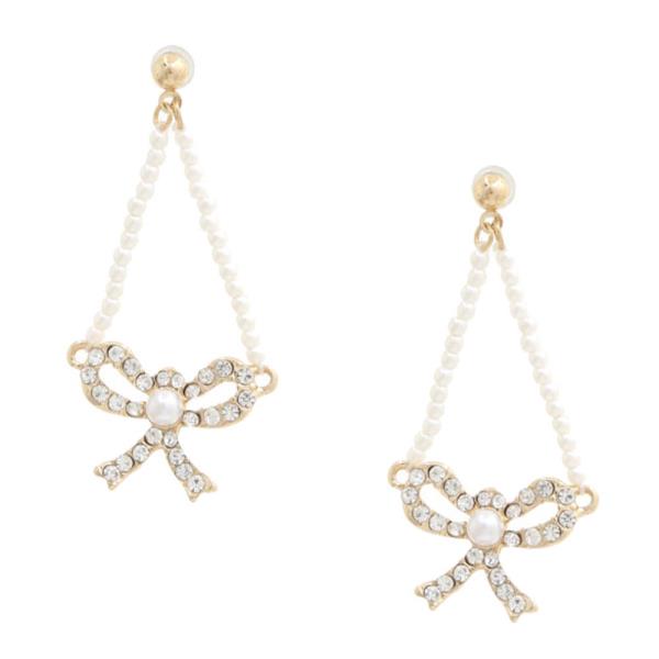 RHINESTONE BOW PEARL BEAD DANGLE EARRING