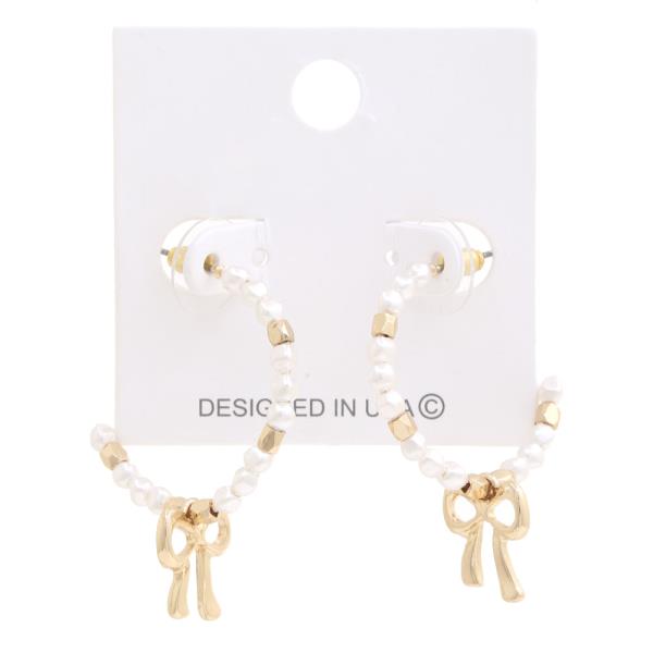 DAINTY BOW CHARM PEARL BEAD OPEN HOOP EARRING
