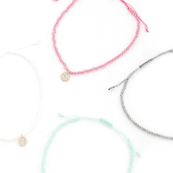 CZ RHINESTONE DISC BEADED PULL STRING BRACELET