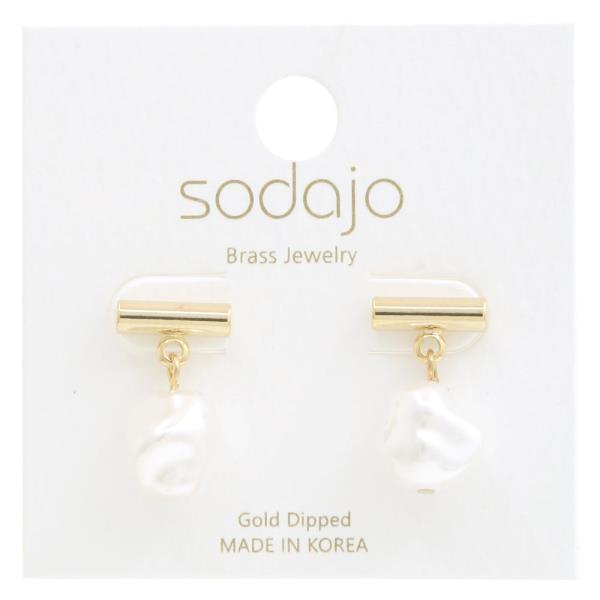 SODAJO METAL BAR PEARL BEAD GOLD DIPPED EARRING