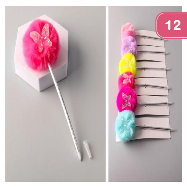 GLITTER BUTTERFLY POM POM PEN (12 UNITS)