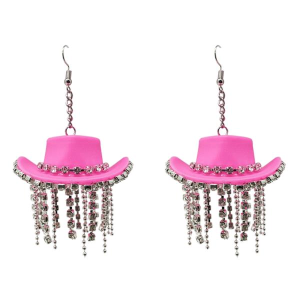 WESTERN COWBOY HAT RHINESTONE TASSEL DANGLE EARRING