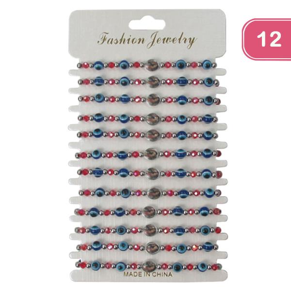 VIRGIN MARY EVIL EYE BEADED STRING ADJUSTABLE BRACELET (12 UNITS)