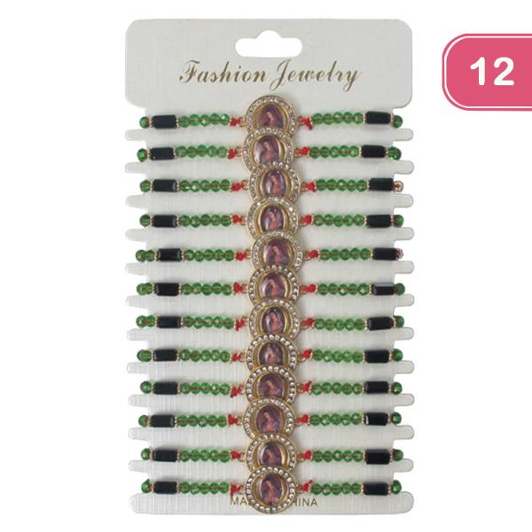 VIRGIN MARY BEADED STRING ADJUSTABLE BRACELET (12 UNITS)