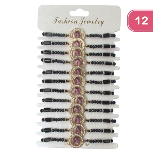 VIRGIN MARY RHINESTONE BEADED STRING ADJUSTABLE BRACELET (12 UNITS)