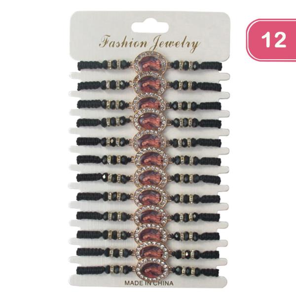 VIRGIN MARY RHINESTONE BEADED STRING ADJUSTABLE BRACELET (12 UNITS)