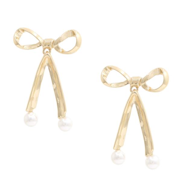 SODAJO METAL BOW PEARL BEAD GOLD DIPPED EARRING