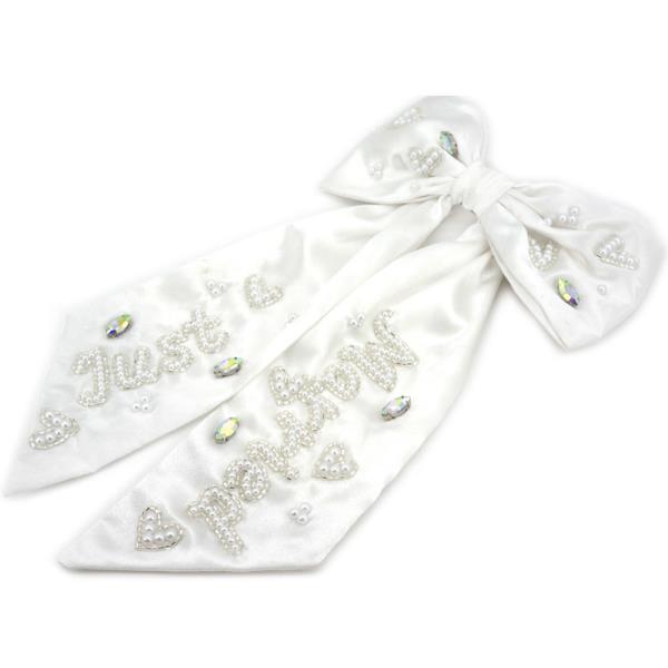 PEARL RHINESTONE JUST MARRIED RIBBON BOW HAIR PIN