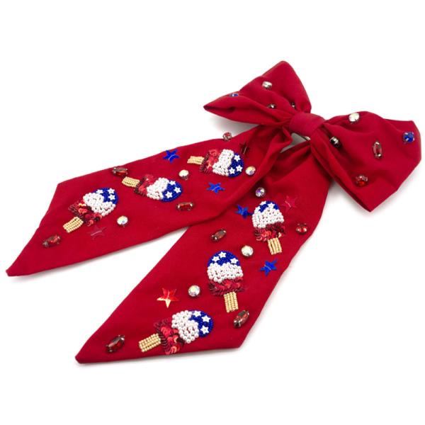 SEED BEAD RED WHITE BLUE ICE CREAM POPSICLE RIBBON BOW HAIR PIN