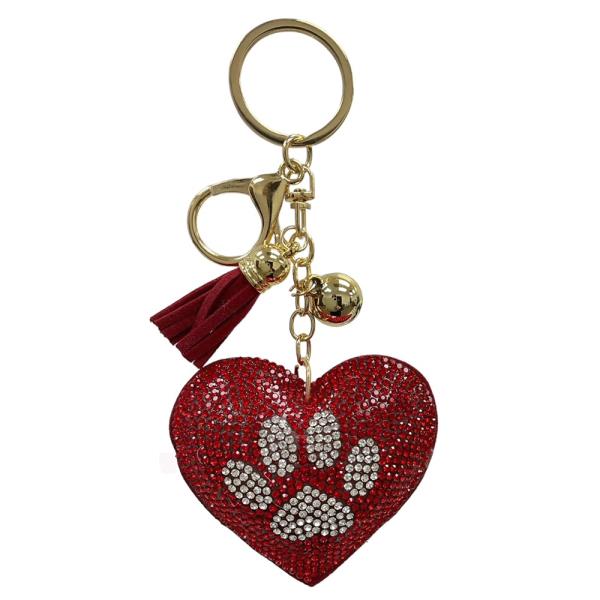 RHINESTONE HEART PAW KEYCHAIN WITH TASSEL