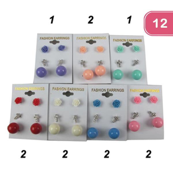 FLOWER  RHINESTONE CROSS PEARL STUD EARRING SET (12 UNITS)