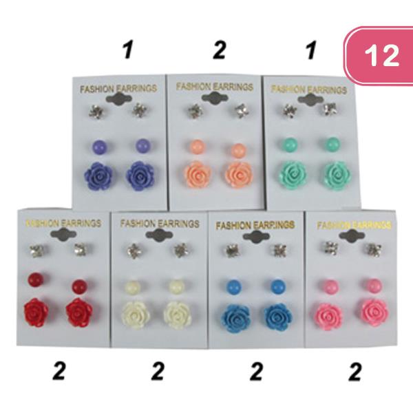 FLOWER  RHINESTONE PEARL STUD EARRING SET (12 UNITS)