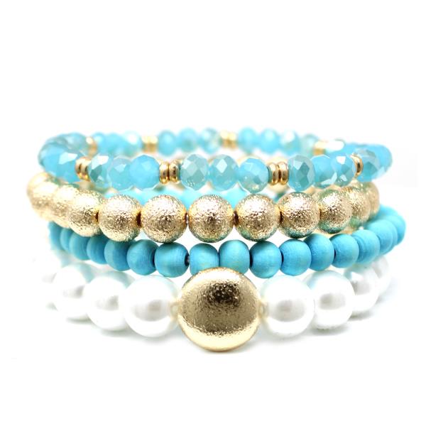 LAYERED ROW PEARL WOOD SAND CCB BEADED BRACELET