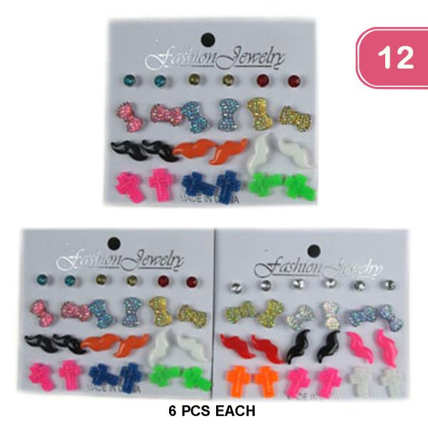 MIXED RHINESTONE BOW MUSTACHE AND CROSS EARRING SET (12 UNITS)