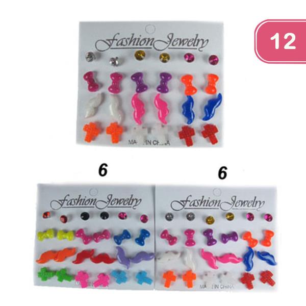 MIXED RHINESTONE BOW MUSTACHE AND CROSS EARRING SET (12 UNITS)
