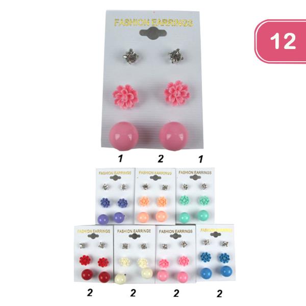 FLOWER  RHINESTONE PEARL STUD EARRING SET (12 UNITS)