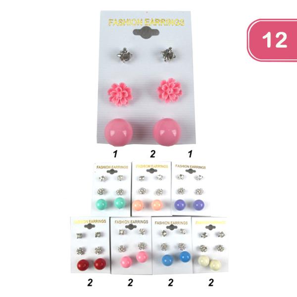 FLOWER  RHINESTONE PEARL STUD EARRING SET (12 UNITS)