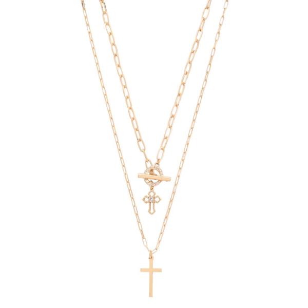 SDJ 2 LAYERED METAL CHAIN CROSS PENDANT NECKLACE