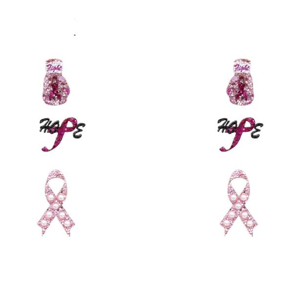 GLITTER BREAST CANCER RIBBON EARRING 3 PAIR SET