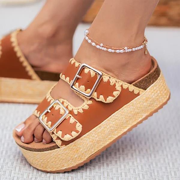 DOUBLE BUCKLE WOVEN PLATFORM SANDALS 12 PAIRS