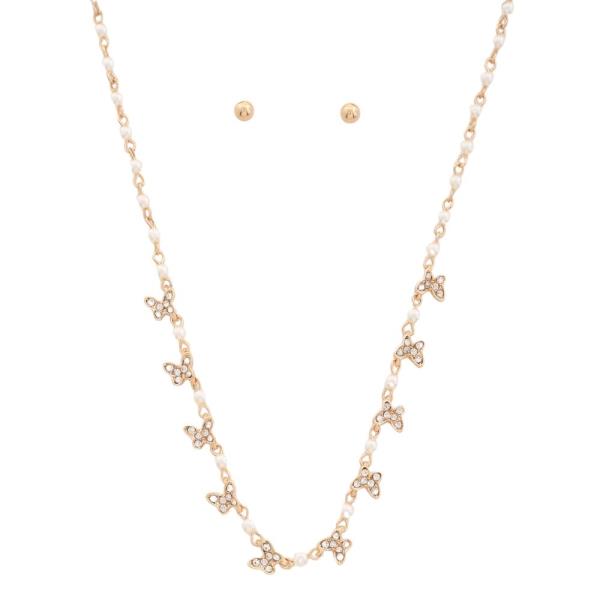 BUTTERFLY CHARM PEARL BEAD STATION NECKLACE