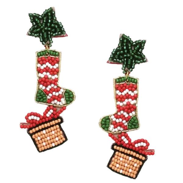 CHRISTMAS SOCKS AND GIFT SEED BEAD POST EARRING