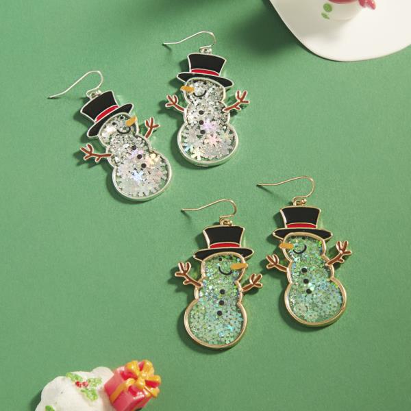 SNOWMAN SHAPED ENAMEL GLITTERS HOOK EARRING