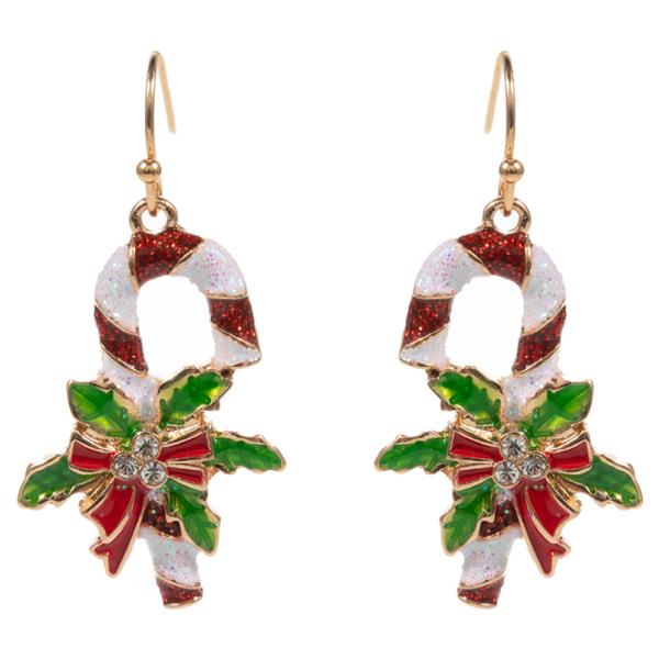 CHRISTMAS CANDY CANE SHAPED ENAMEL BRASS HOOK EARRING
