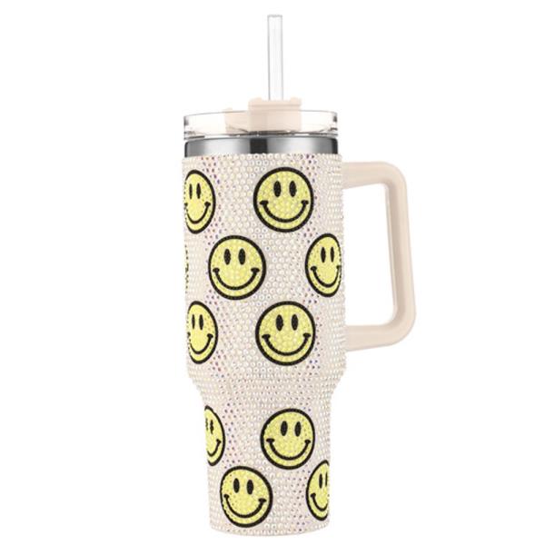 HAPPY FACE RHINESTONE BLING 40 OZ TUMBLER WITH HANDLE STRAW