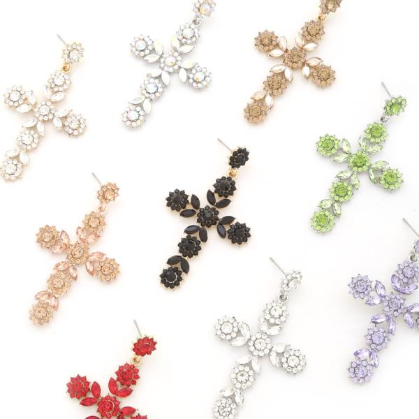 CROSS FLOWER RHINESTONE DANGLE EARRING