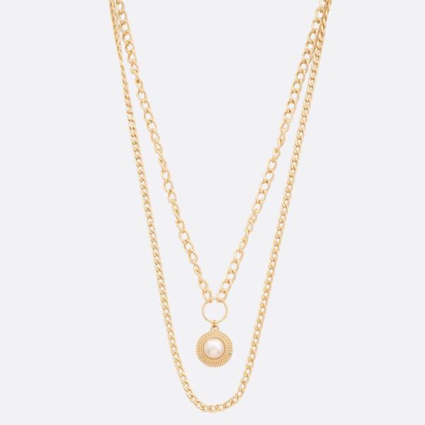 ROUND PEARL BEAD LAYERED METAL NECKACE
