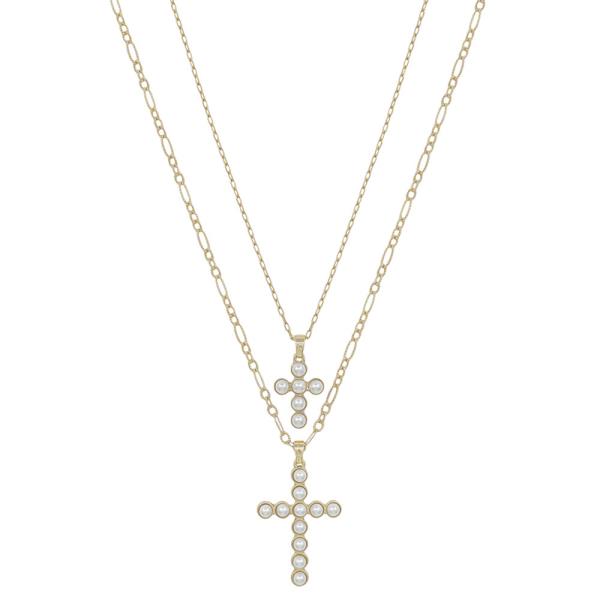 2 LAYER SMALL & BIG PEARL CROSS PENDANT SHORT WATER RESISTANT NECKLACE