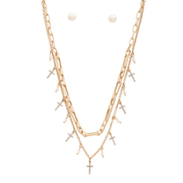 CROSS RHINESTONE DAINTY PEARL BEAD LAYERED NECKLACE