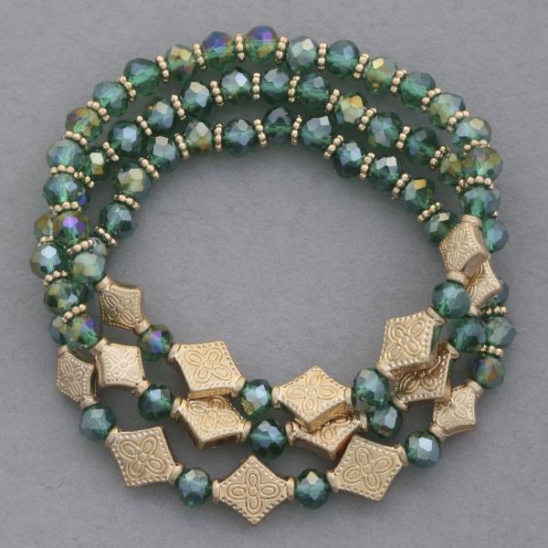 FLOWER METAL CRYSTAL SEMI PRECIOUS STONE BEADED STRETCH BRACELET SET