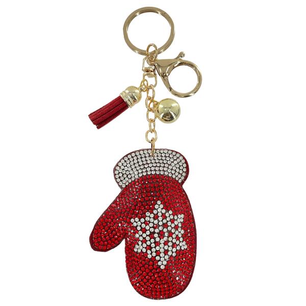 RHINESTONE CHRISTMAS GLOVES KEYCHAIN WITH TASSEL