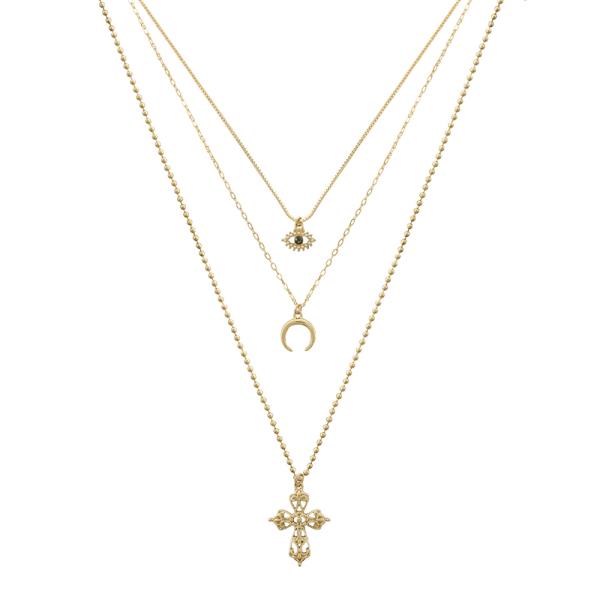 ORNATE CROSS MOON EVIL EYE PENDANT LAYERED NECKLACE